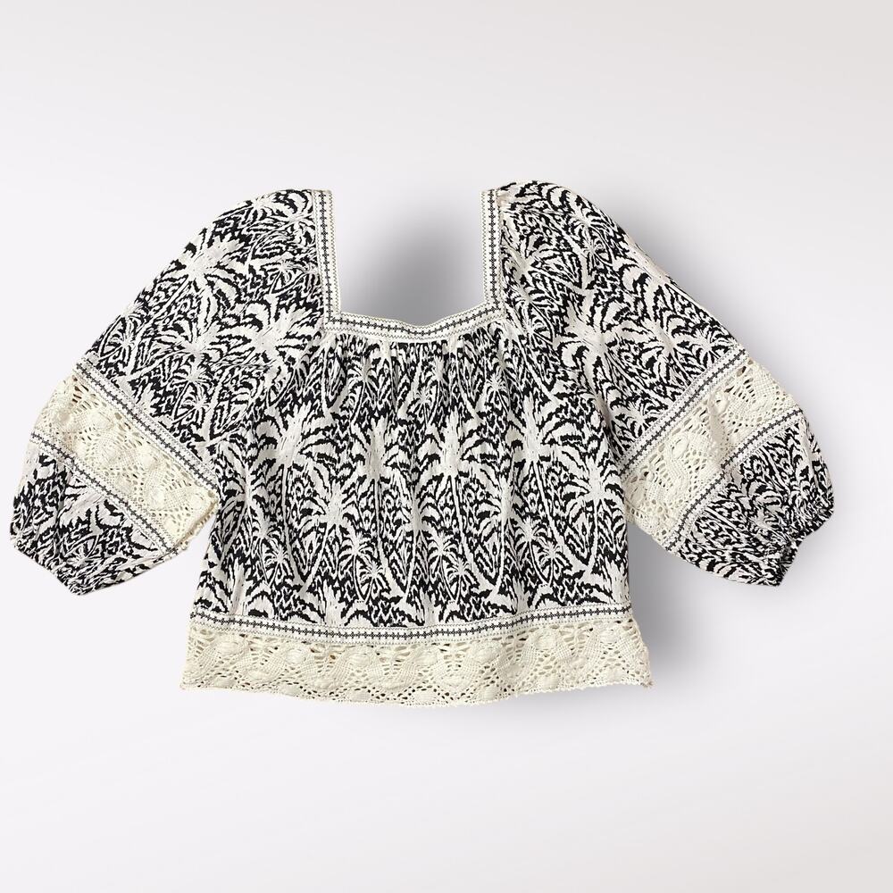 Panama Jack Black White Palm Tree Lace Trim Linen Blend Top Size S Prairie Boho
